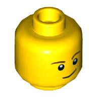 Minifig, Head Brown Eyebrows, White Pupils, Lopsided Smile with Brown Dimple Pattern - Stud Recessed